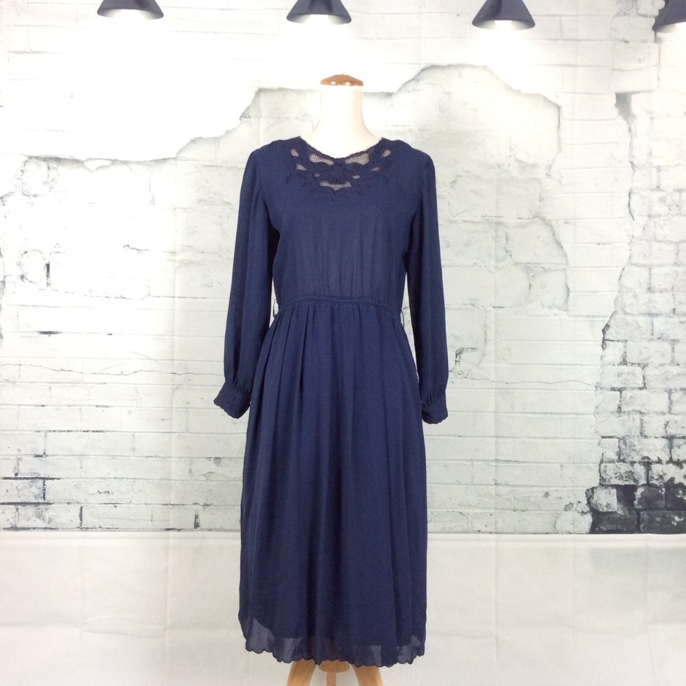 Handmade Chiffon Embroidered Navy Blue Swing Dress